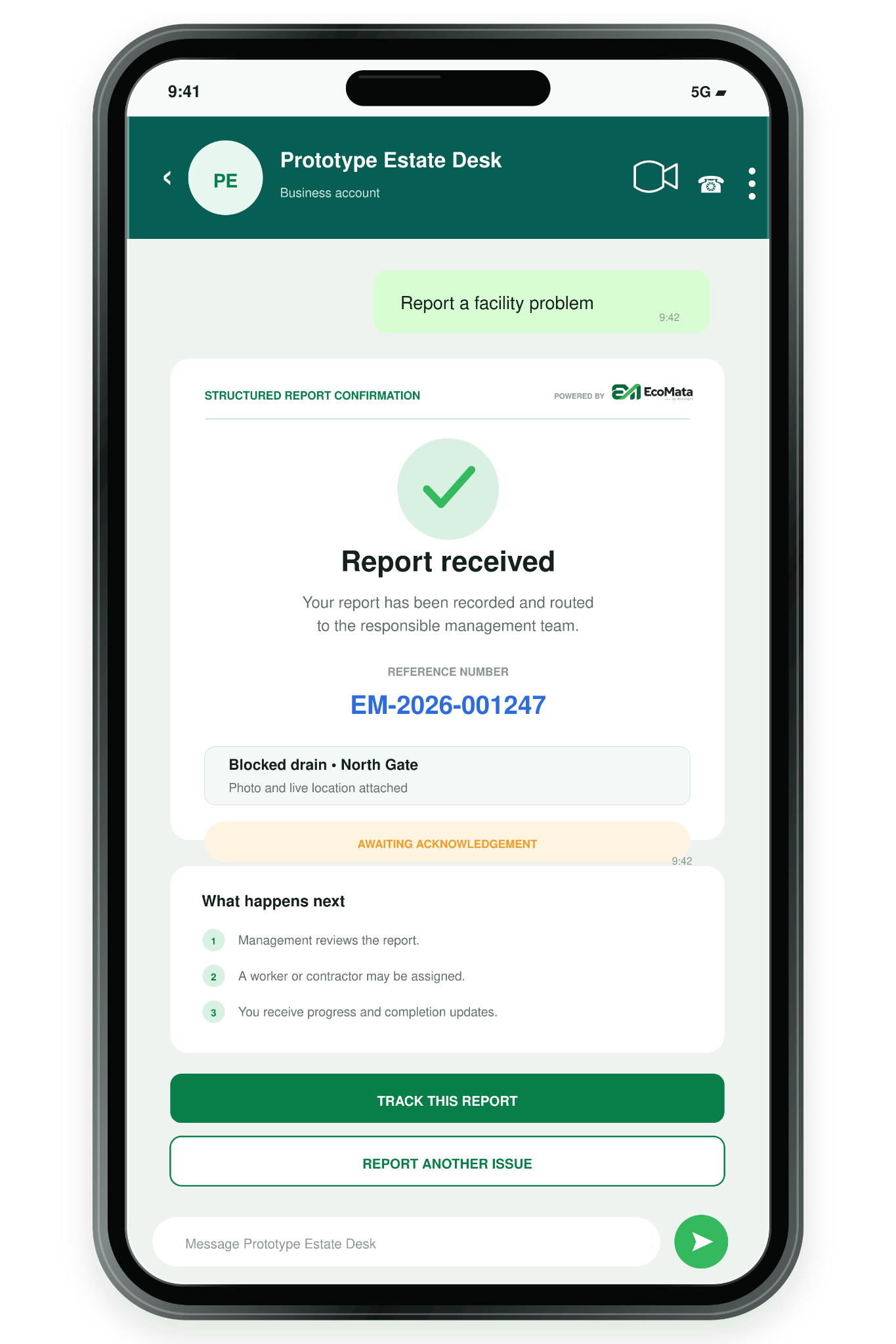 EcoMata WhatsApp reporter prototype showing structured report confirmation